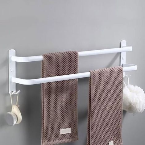 Ulisem Porte-serviettes mural blanc à 2 niveaux, barre porte-serviettes de 61 cm, porte-serviettes en aluminium avec 2 crochets, pour salle de bain, hôtel, cuisine