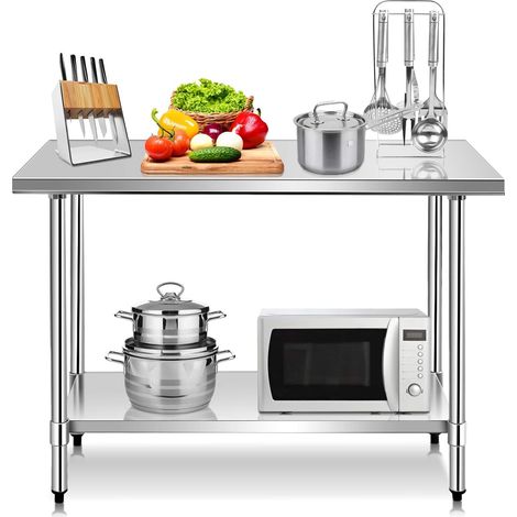 GOPLUS Table de Travail de Cuisine 122x61x90CM en Acier Inoxydable avec 2 Etagères pour Cuisine/Opération Industrielle (1/4)