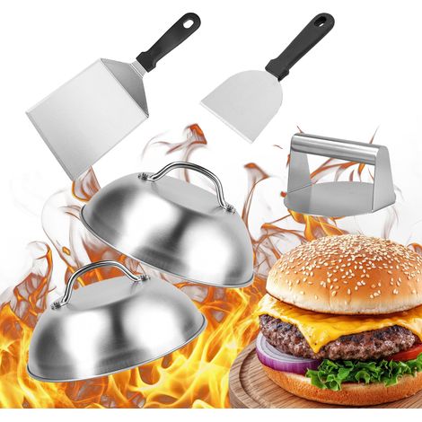 Relaxdays Smash Burger Set, 5-teilig, Burgerpresse, 2 Schmelzglocken & 2 Grillspachteln, Patty Maker, Edelstahl, silber (1/5)