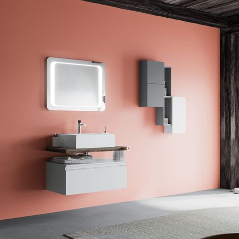 Mobile Bagno Sospeso 80Cm Cassetto Bianco, Top Rovere Fossile, Lavabo  Lagos