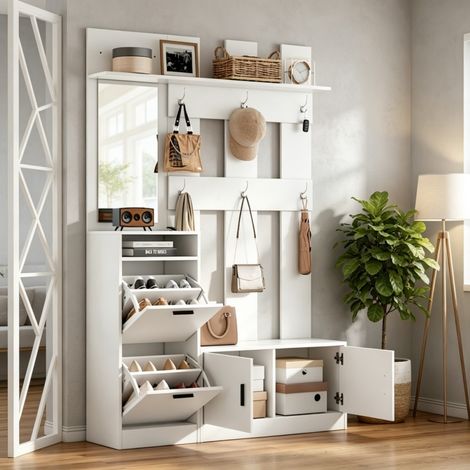 Porte-manteau mural d'entrée 120x30x180 cm blanc combinant armoire chaussures, miroir et patère adapté au couloir domestique (1/5)