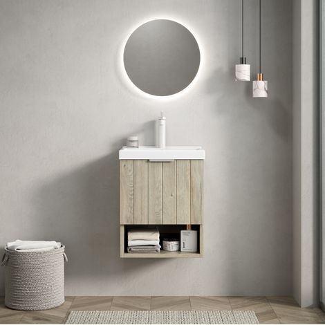 Meuble vasque mural 42x32x53 cm céramique et bois, blanc, rangement compact – MEUBLIV (1/5)