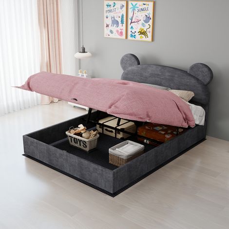 Cama infantil con almacenamiento (200x140x156 cm), con colchón doble incluido, tapizada, tejido gris y metal (1/5)