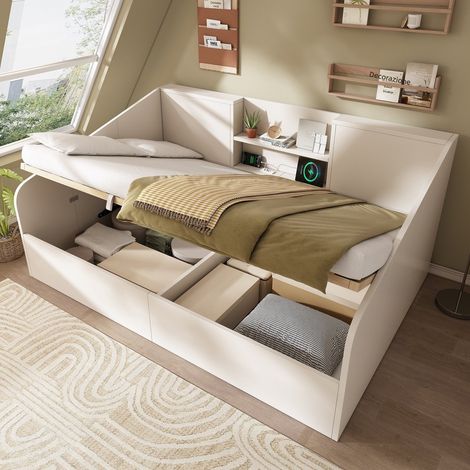 Letto a ribalta 140x190 cm con meccanismo idraulico, 2 nicchie e porta USB-C, completo di rete, in legno spazio risparmio colore bianco
