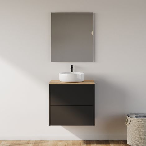 Meuble de salle de bain 60cm avec vasque à poser ronde - 2 tiroirs - noir - MONA (1/5)