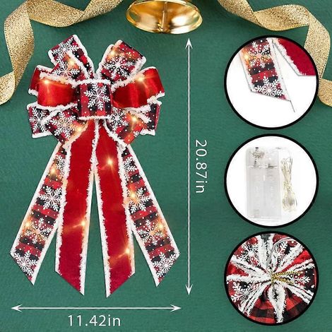 Große LED-Weihnachtskranzschleifen, Weihnachtsschleifen mit LED-Lichtern, rot-schwarze Schleife im Büffelkaromuster, rote Samtschleifen, LED-Schneeflocken-Weihnachtsbaumschmuck. (1/4)