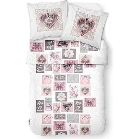 Parure de Lit 2 Personnes 100% Polyester Housse de Couette 240x220 cm + 2 Taies d'oreiller 63x63cm, Polyester, Blanc, Rose, 220x240 cm (1/3)