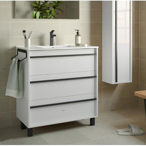 Mobile bagno 80 cm con 3 cassetti bianco satinato con lavabo ad incasso - Astoria - Con Doppia colonna Specchio e Lampada Led (1/5)
