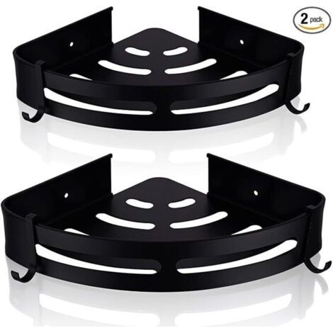 Pr Lot de 2 étagères de douche d'angle murales , panier de rangement pour salle de bain , porte-shampoing triangulaire avec 4 crochets , noir mat (1/4)