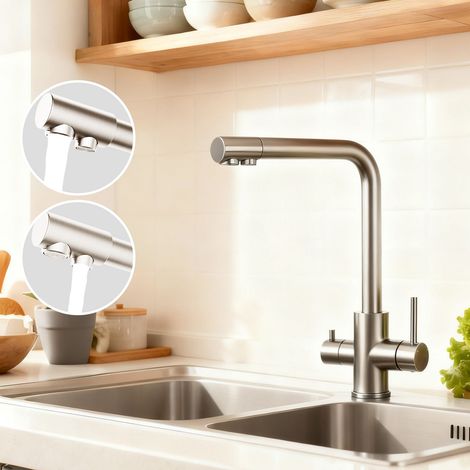 Aica Sanitaire – Robinet de cuisine brossé 3 voies avec filtre à eau potable – 2 leviers pour doubles éviers – Sortie pivotante 360° – Acier inoxydable 304