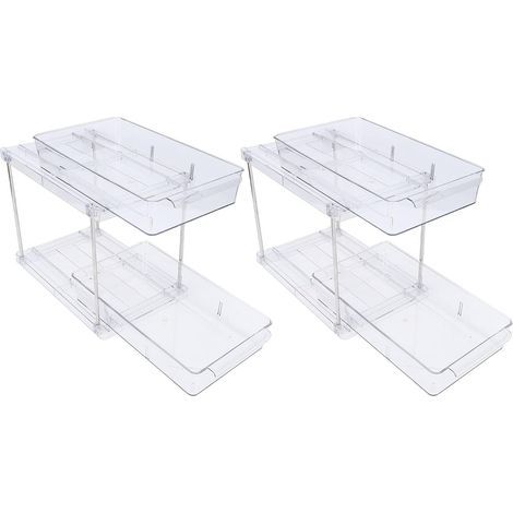 Organiseur d'armoire Coulissant à 2 Niveaux, étagère Coulissante Transparente en PET, Facile Installer pour Armoires de Cuisine, Idéale le Rangement Table et Salle Bain, - (1/5)