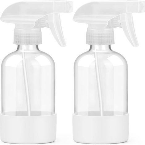 Set aus 2 durchsichtigen Glas-Sprühflaschen à 500 ml mit langer Silikonhülle, nachfüllbar, für Reinigung, Gartenarbeit und Kosmetik, weiß. (1/5)