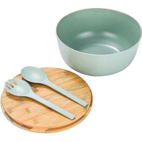 Saladier en fibre de bambou avec couverts, Fibre de bambou Bowl Saladier, bambou massif avec couvercle en bambou . (1/5)