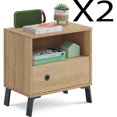 Lot de 2 tables de chevet / Table de nuit coloris chêne doré - Hauteur 52 x Longueur 50 x Profondeur 35 cm -PEGANE- (1/4)