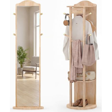 Full-Length Mirror with Stand, Rotating Coat Rack, Natural Wood