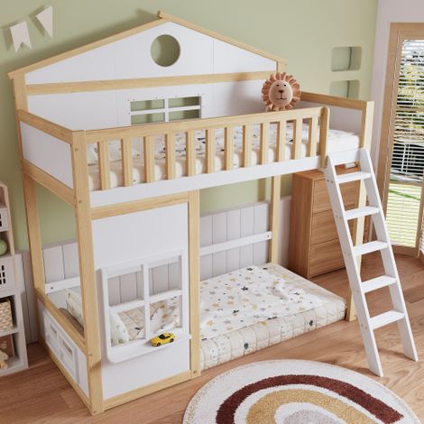 Cama altillo de 90x200 cm, cama infantil con barandillas de seguridad, techo y ventana, estructura de pino, sin colchón, blanco y natural (1/5)