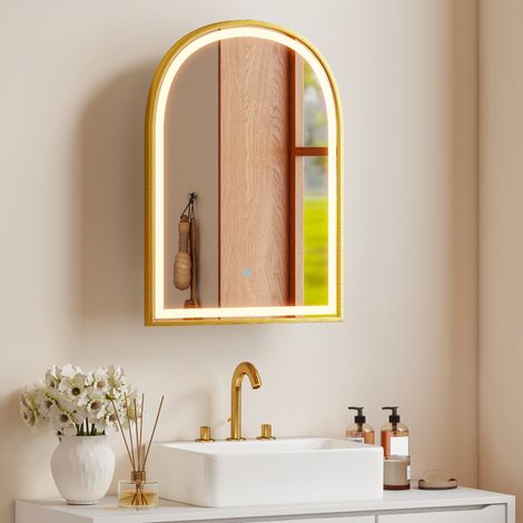 HOMCOM Armoire Murale de Salle de Bain avec Miroir & Éclairage LED - Porte Arquée, Anti-Buée, 50x14,5x70cm, Doré