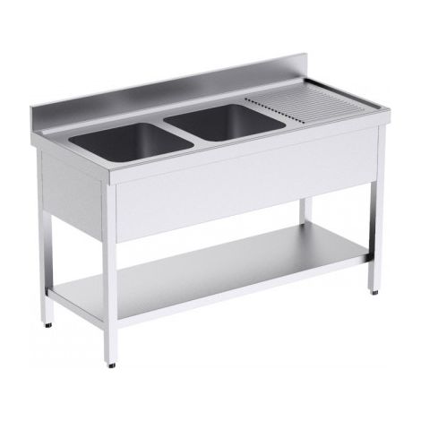 Plonge Inox avec Double Evier et Etagère L 1400 x P 550 mm - Distform