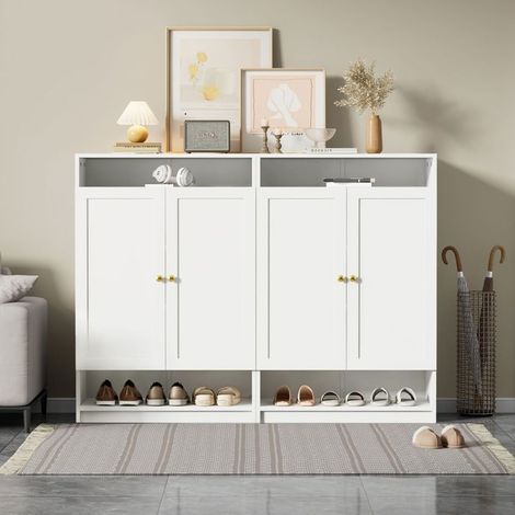 Commode à chaussures blanc 73x34x109 cm, à étagères réglables et poignées dorées, armoire modulaire (1/5)