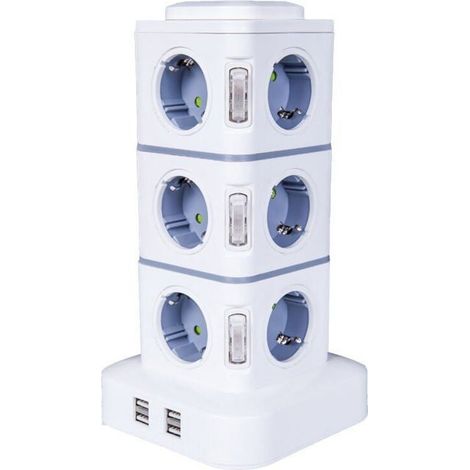 Multiprise tour 12 prises + 4 USB – Surtension, 2500W/10A – Câble 3 m – Pour maison, bureau (1/5)