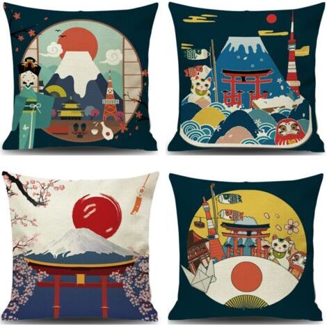 Housse de Coussin Japonais Fuji Ukiyo-e en Taie d'oreiller Canapé Voiture Maison Lit Décor 45 x 45cm, Ensemble de 4 pièces (Style Japonais B), Taie d'oreiller en lin de style japonais ukiyoe (1/4)