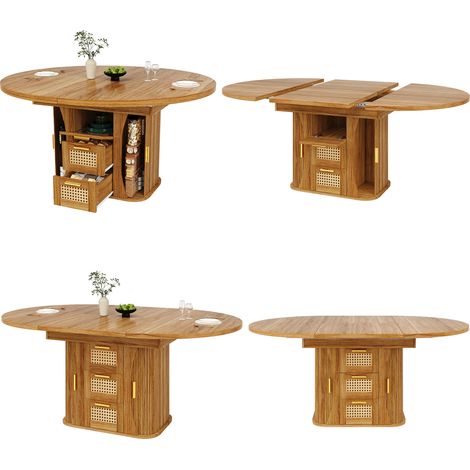 Table extensible avec rangement, 118-158cm, bureau à tiroirs en rotin, aspect bois MDF, noir/bois naturel/marron (1/5)