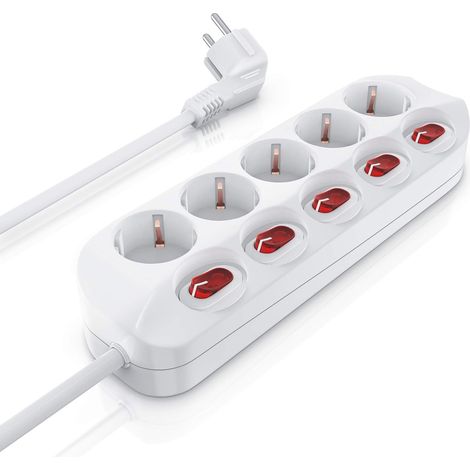 Multiprise 5 Prises commutables avec Interrupteur Marche/arrêt pour Chaque Prise - 5 Prises de Contact de Protection - Multiprise - Jusqu'à 3680 W - IP20 - Câble d'alimentation de 1,5 m - Blanc (1/5)