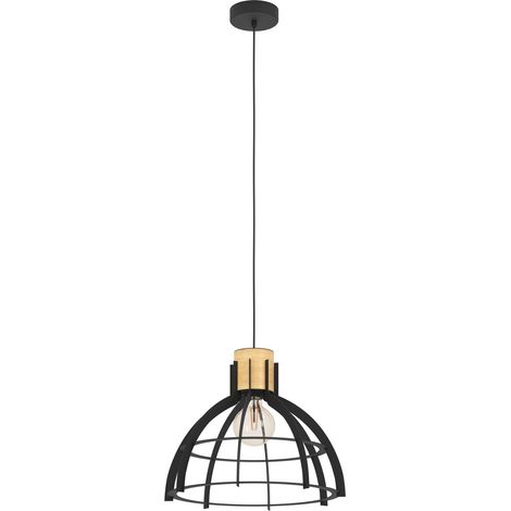 EGLO Hängelampe Stillington, Pendelleuchte Esstisch 1-flammig, Esszimmerlampe aus schwarzem Metall und naturfarbenem Holz, Hängeleuchte mit E27 Fassung