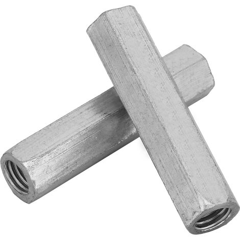 Juego de 2 tuercas hexagonales largas M10x60mm  Acero cincado  Para fijación pasante  Montaje en madera y metal