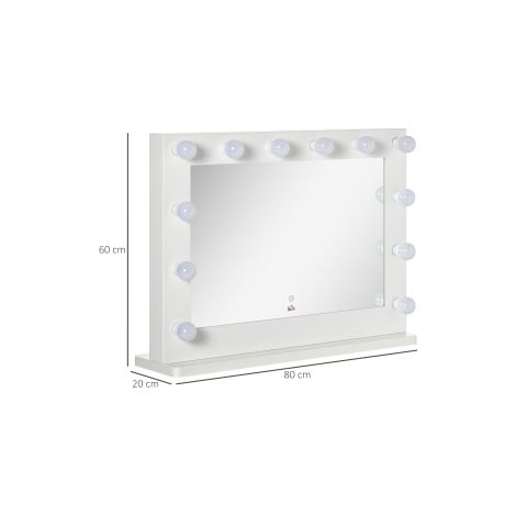 Miroir Hollywood avec éclairage, miroir de maquillage avec interrupteur tactile, miroir cosmétique avec 12 lampes LED réglables, 80 x 60 cm, miroir maquillage avec fonction mémoire, blanc (1/5)
