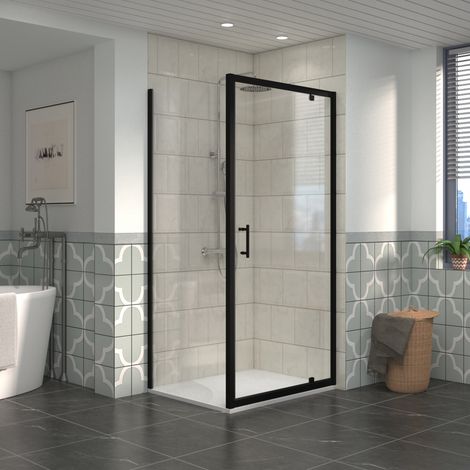 NRG Bathroom Pivot Shower Enclosure Black Framed + Side Panel, 900 x 700mm Reversible Screen with White SMC Rectangle Shower Tray (1/5)