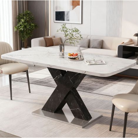 Table à manger rectangulaire moderne extensible — Plateau effet marbre blanc imprimé et pieds en MDF noir en forme de X avec base métallique