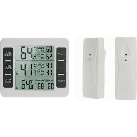 1 confezione termometro per frigorifero e congelatore, termometro wireless per frigorifero con 2 sensori, allarme acustico, min/max, termometro interno/esterno per cucina, ristorante, bar, caffetteria (1/4)