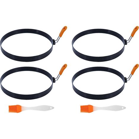 Deux cercles à crêpes de 20 cm, des cercles à œufs en acier inoxydable avec poignées en silicone résistantes à la chaleur, des moules à œufs ronds et une brosse à huile gratuite. (1/5)
