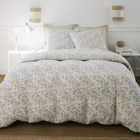 Parure housse de couette 260x240cm + 2 taies motif fleuri jaune clair 100% gaze de coton - GIANNI (1/4)