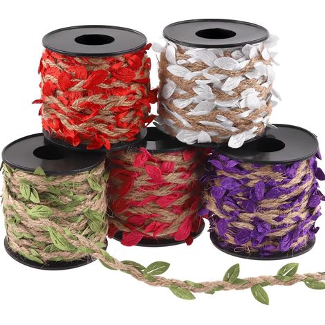 Lot de 5 rouleaux de ruban en toile de jute naturelle tressée avec feuilles de vigne artificielles, ruban décoratif pour décoration de jungle, mariage, maison, jardin de 10 m