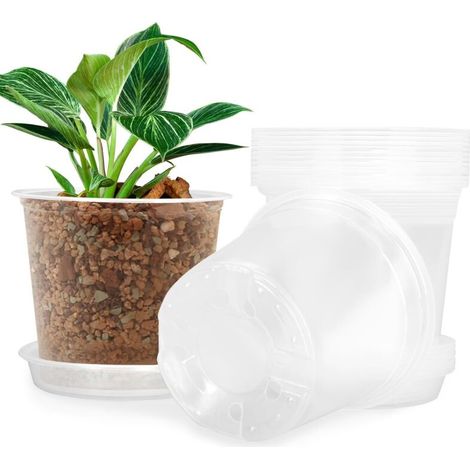 Cinq pots de pépinière transparents de 12,5 cm avec soucoupes et trous de drainage  emballage polyvalent pour l'intérieur et l'extérieur.