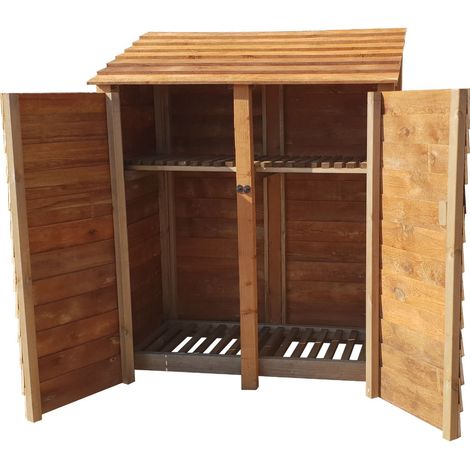 Wooden Log Store, W146xH180cm (Brown finish) With doors and With Kindling Shelf