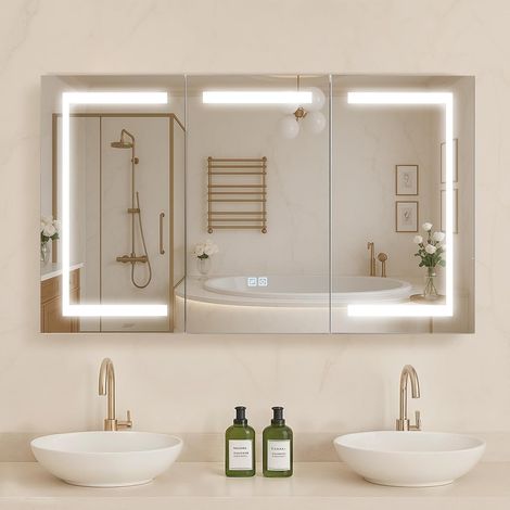 Armoire Murale Salle de Bain 90x60 cm, Armoire de Toilette avec Miroir en Verre Trempé et LED 3 Couleurs à Intensité Variable, avec Fonction Mémoire