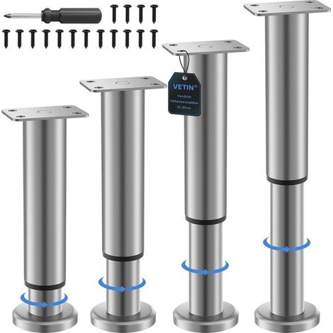 VETIN Lot de 4 pieds de meubles réglables en hauteur de 18 à 32 cm - En acier inoxydable - Pour armoire, meuble TV, lit, canapé, table de chevet, chaise d'apprentissage, armoire de salle de bain