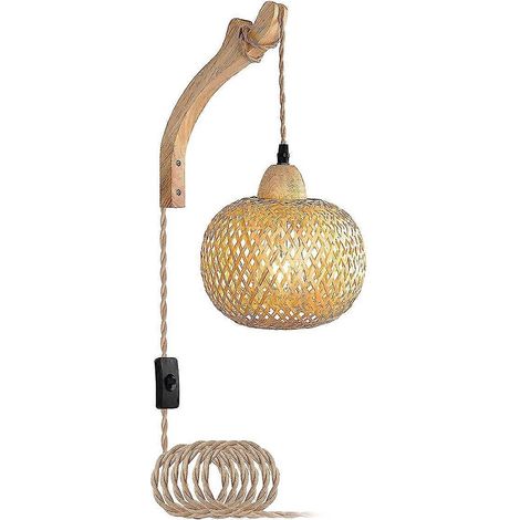 Wandleuchte aus Bambuslaterne, geflochtenes Rattan, E27-Fassung, handgewebter Lampenschirm aus Bambus, Schlafzimmerdekoration, europäischer Stecker (1/5)