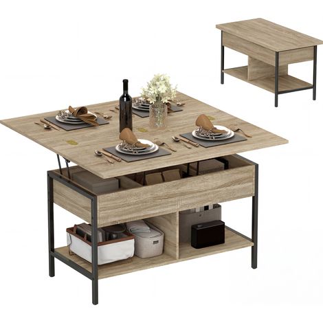 Tavolino da caffè con piano sollevabile e allungabile, tavolino da soggiorno con vano nascosto e ripiani a giorno, 98x49x55 cm, legno naturale (1/5)