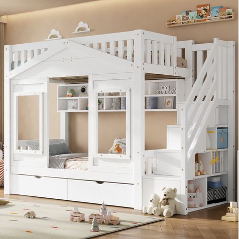 Cama elevada infantil 90x200 cm blanca de pino y MDF con escalera de almacenaje (1/5)