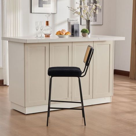 Tabouret de bar - WESTYLE - Lot de 2 - Assise chenille - Dossier bois effet rotin - Pieds métal laqués (1/5)