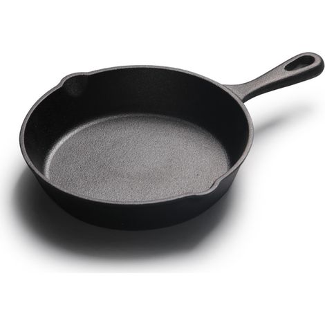 20 cm große gusseiserne Bratpfanne mit flachem Boden für gleichmäßige Wärmeleitung, rund und antihaftbeschichtet, ideal zum Kochen. (1/5)