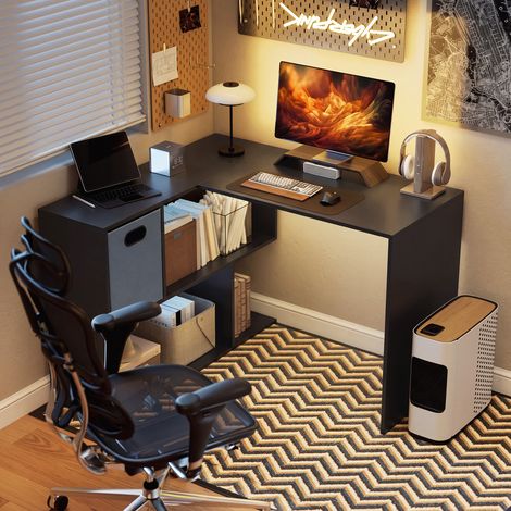 Bureau d'Angle Ordinateur, Tiroir Tissu, Compartiments Ouverts, 110x100x75 cm, Noir (1/5)