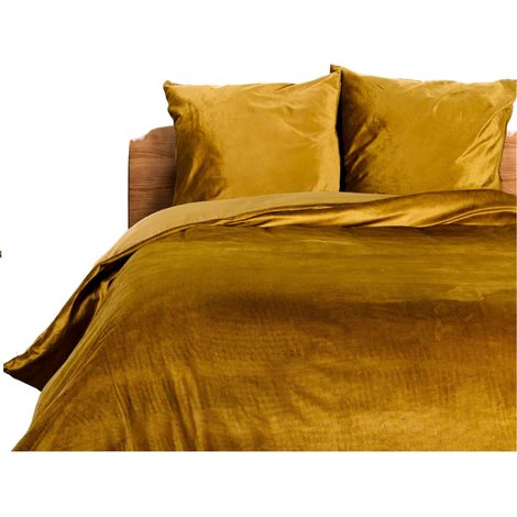 Housse de couette + 2 taies 220 x 240 cm velours Veline ocre