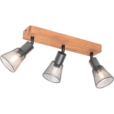 QAZQA Foco industrial negro con madera 3-luces - Kristina