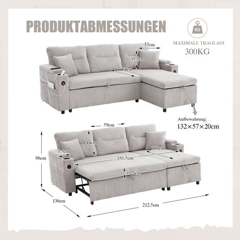 Canapé moderne 3 places en velours côtelé avec rangement,porte‑gobelets et USB‑C,chaise longue hydraulique et lit à tiroirs,design chaleureux.-Ha (1/5)