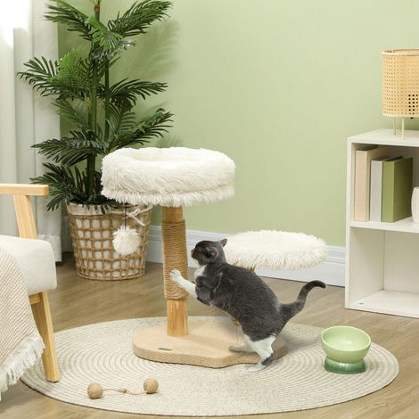 Arbre à chat de 61,5 cm de haut, avec balle de jeu, coussins, tour à chat avec griffoir, pour chats de moins de 5 kg, en bois de poirier, blanc (1/5)